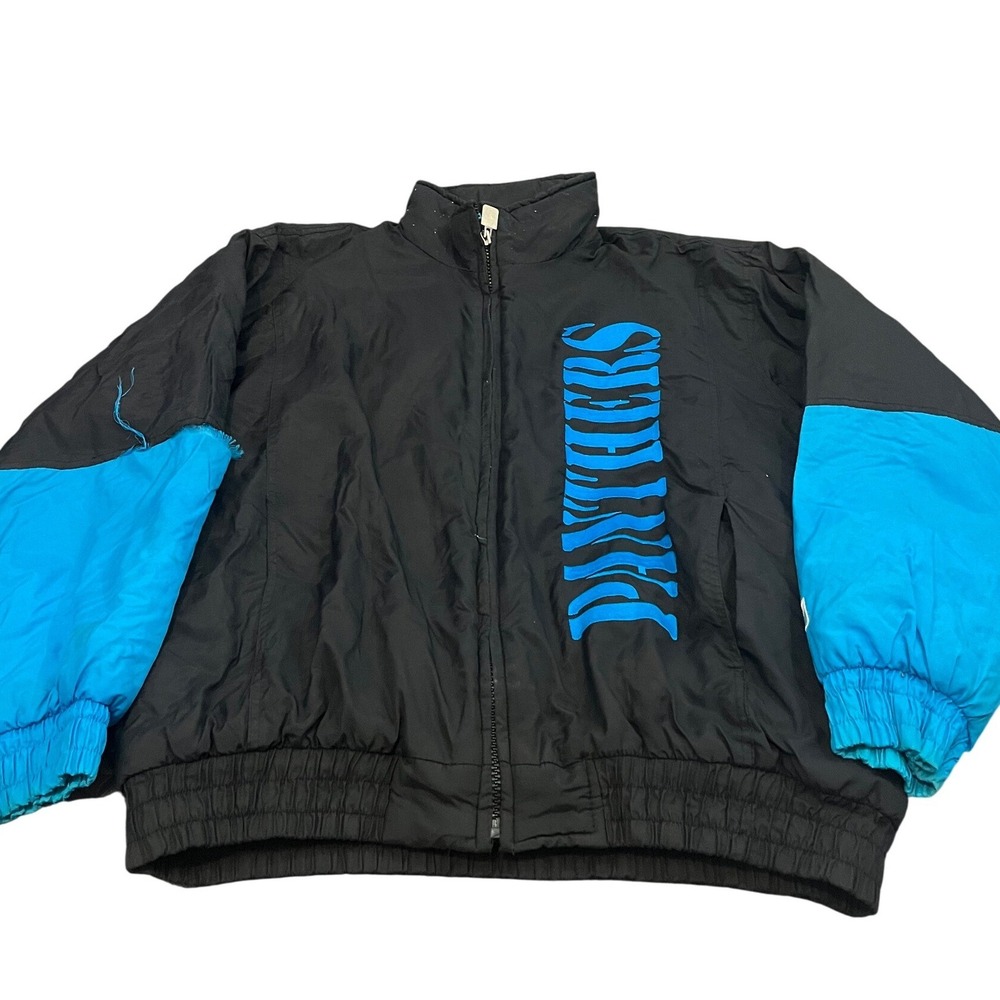 Logo 7 Carolina Panthers Jacket Mens XL Black Blue Vintage Puffer Rip Repair